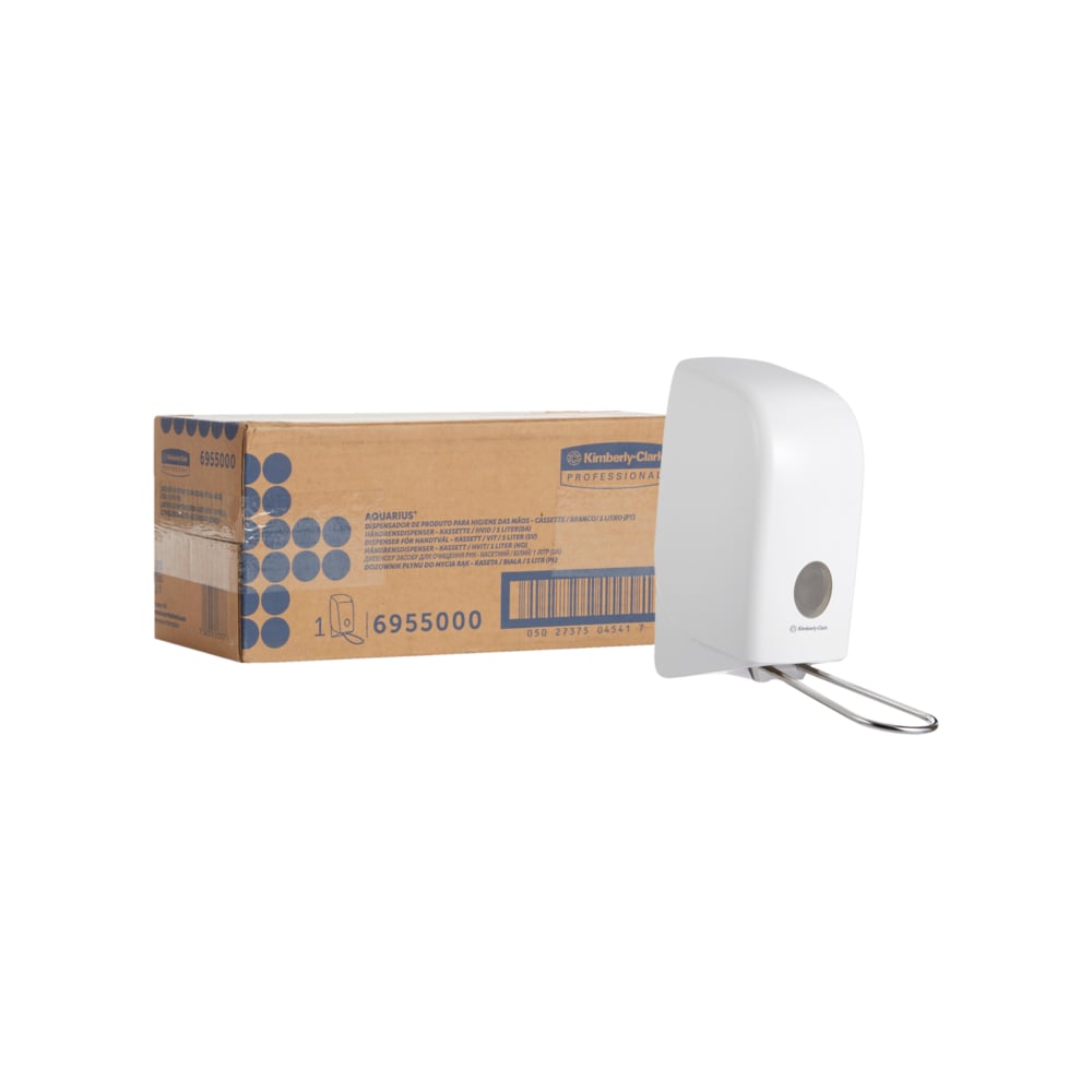 Um dispensador branco Aquarius™ para loções de lavagem (1 Ltr) da Kimberly-Clark GmbH está ao lado de uma caixa marrom com inscrição azul em um fundo branco simples.