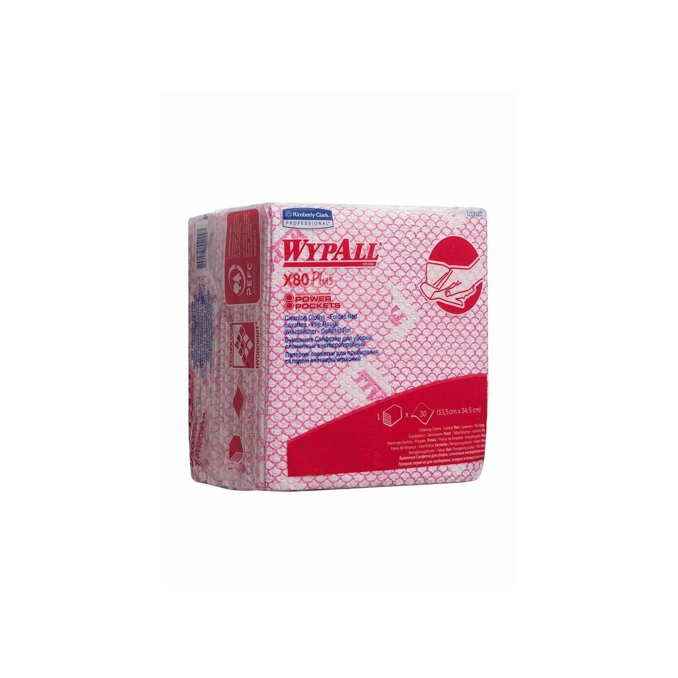 Um pacote vermelho Kimberly-Clark GmbH WypAll® X80 Plus Critical Clean, toalhetes dobrados em quatro (8 sacos x 30 folhas), para tarefas de limpeza críticas, com marca e descrição visíveis do produto na frente e no verso.