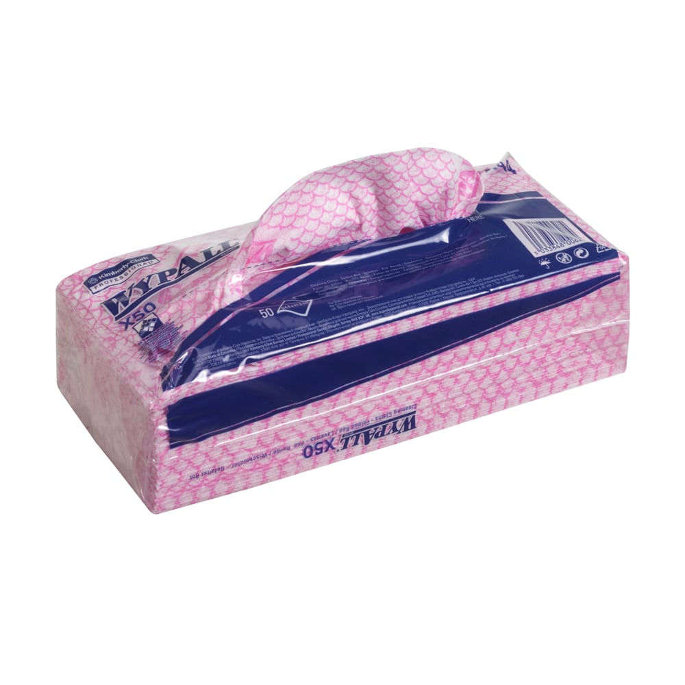 Uma caixa retangular de panos de limpeza WypAll® X50 - Interfold da Kimberly-Clark GmbH (41,80x24,70 cm), estampada em rosa e branco com etiqueta azul, é ideal para limpeza industrial e distribui um pano de limpeza descartável pela abertura superior.