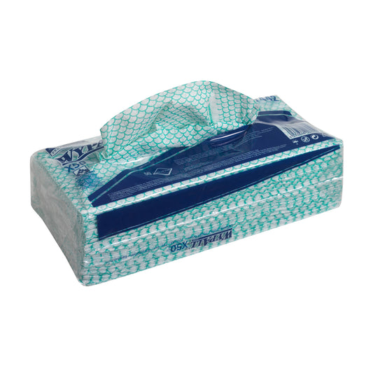 Die WypAll® X50 Critical Clean Interfold Tücher von Kimberly-Clark GmbH sind in 6 grünen Beuteln zu je 50 Blatt in einem Karton verpackt - ideal für die umweltfreundliche Reinigung unterwegs.