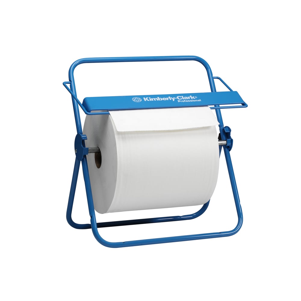 O Suporte de Parede para Rolo de Papel - Rolo Grande em Azul da Kimberly-Clark Professional™ da Kimberly-Clark GmbH é um dispensador de parede durável com alça, ideal para acomodar grandes rolos de papel e permitir fácil acesso.