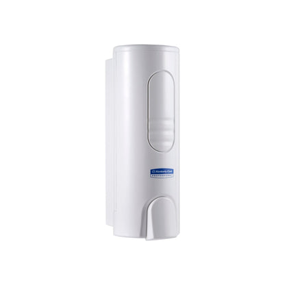 O dispensador Kimberly-Clark GmbH Professional™ para sabonete espumoso luxuoso (branco, 200ml) com alavanca e etiqueta azul é ideal para casas de banho modernas; aqui representado como um único dispensador de parede sobre um fundo branco.