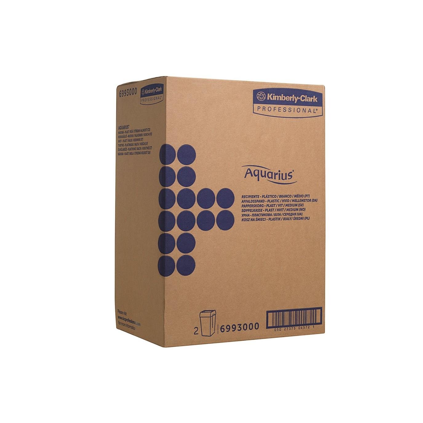 Uma grande caixa de plástico branco Aquarius™ recipiente de lixo (médio) da Kimberly-Clark GmbH, rotulada com gráficos e detalhes azuis, contém 2 cestos de lixo por caixa.