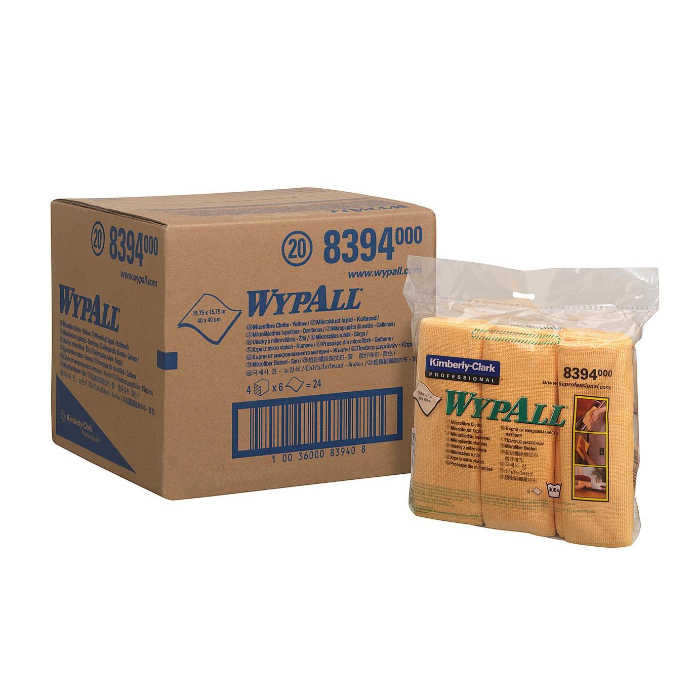 Ein Karton mit WypAll® Mikrofasertüchern - flaches Tuch (40 x 40 cm) der Kimberly-Clark GmbH steht neben einer Klarsichtverpackung mit gefalteten gelben Mikrofaser-Reinigungstüchern, beide mit Produktnummern und Markenzeichen versehen.