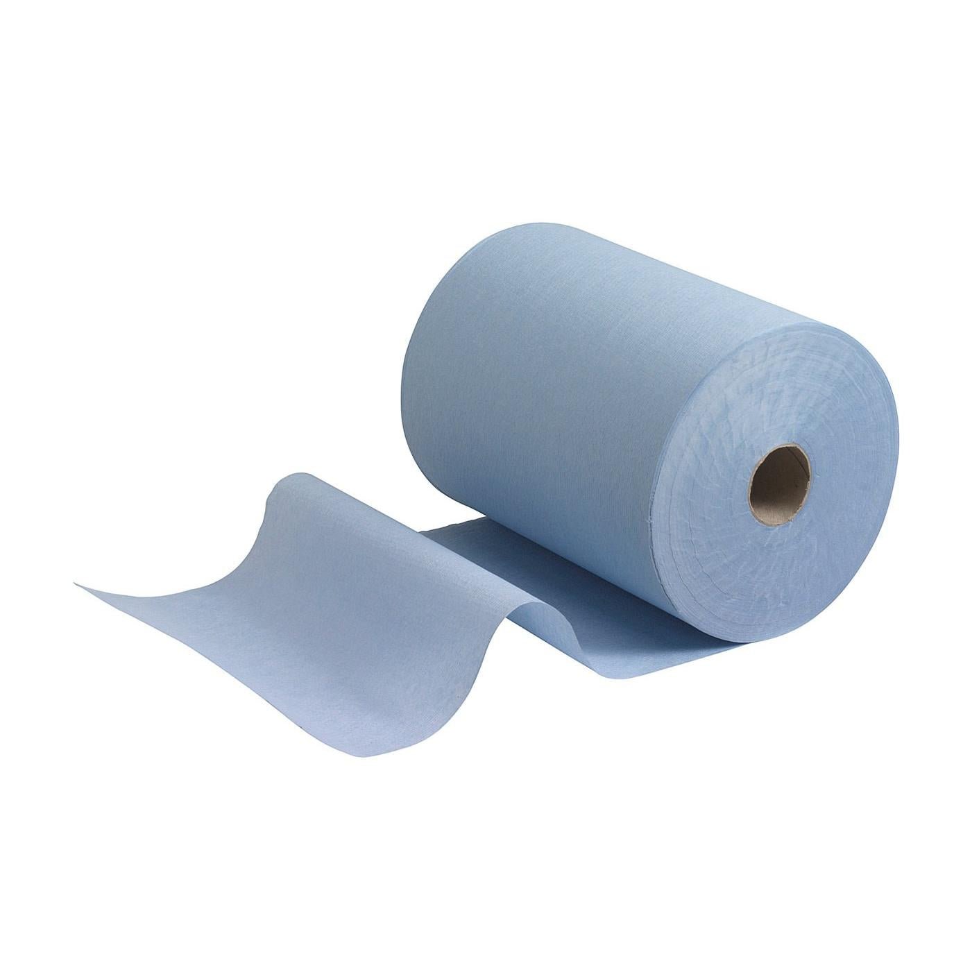 As toalhas Scott® Slimroll™ da Kimberly-Clark GmbH - um rolo de toalha de papel industrial azul com uma folha desenrolada sobre um fundo branco - são ideais como solução de toalha que economiza espaço para a distribuição de toalhas de papel absorventes em locais de trabalho movimentados.