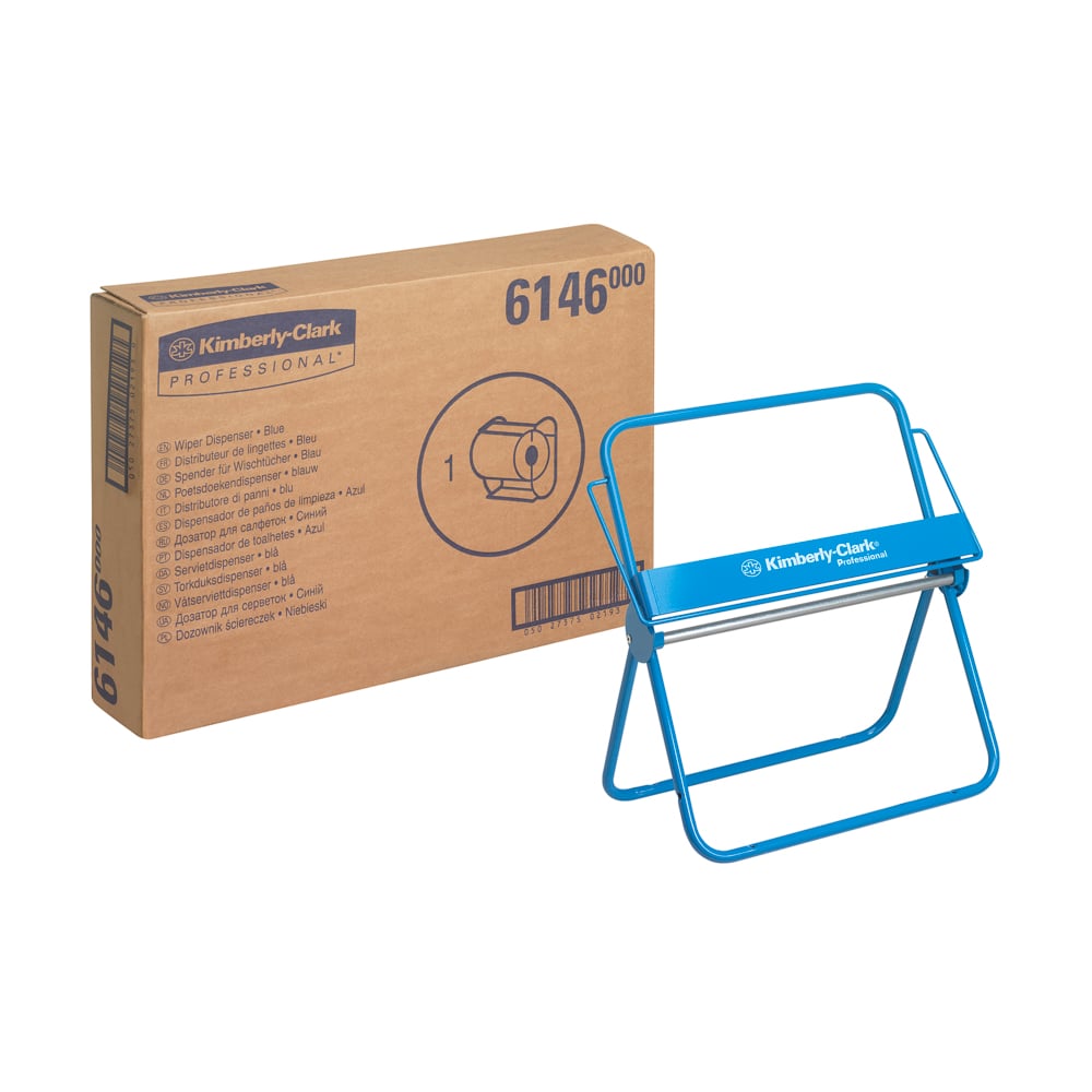 Uma caixa com a inscrição "Kimberly-Clark Professional™ Suporte de Parede para Rolo de Papel - Rolo Grande" da Kimberly-Clark GmbH está ao lado da sua estrutura azul de dispensador, ambos sobre um fundo branco.