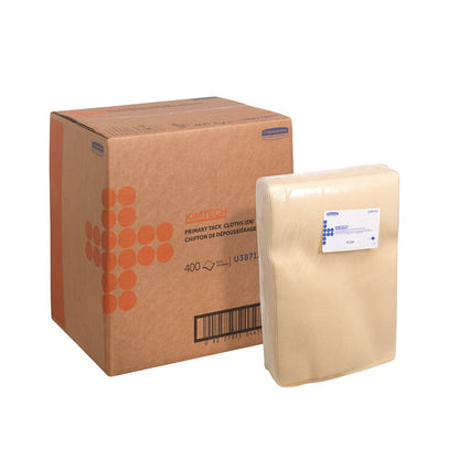 Uma grande caixa branca com a inscrição "Kimtech® Auto Primário Tack Toalhetes - pano plano / Branco" da Kimberly-Clark GmbH está ao lado de 4 sacos com 100 folhas - toalhetes ideais para o setor automóvel e preparação de veículos.