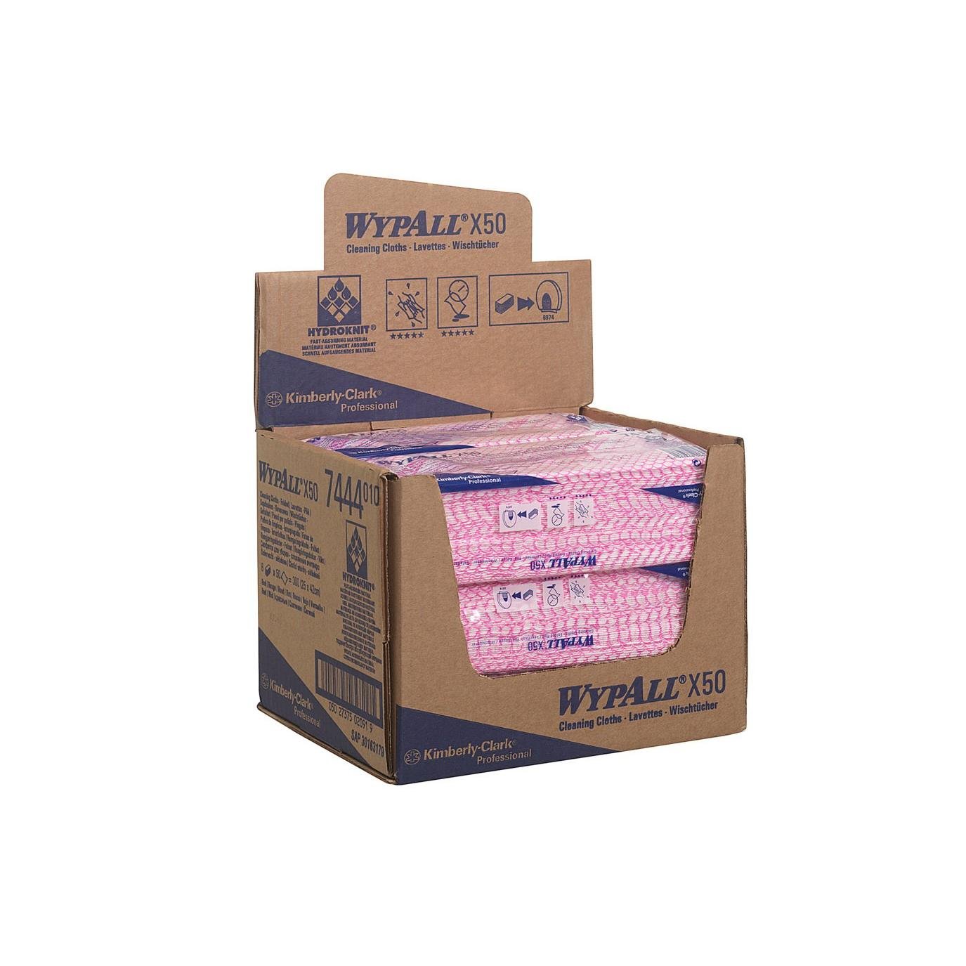 Uma caixa de exibição marrom da Kimberly-Clark GmbH contém panos de limpeza WypAll® X50 Interfold (41,80 cm x 24,70 cm) em rosa, ideal para limpeza industrial, com marca azul e branca e panos embalados individualmente empilhados horizontalmente.