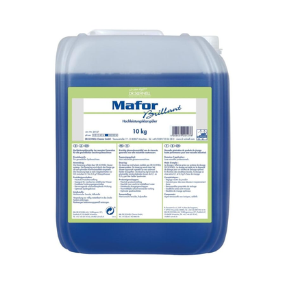 Ein 10 kg durchsichtiger Kunststoffbehälter mit blauer Flüssigkeit, beschriftet mit "Dr. Schnell MAFOR BRILLANT Klarspüler für Geschirrspülmaschinen" von DR.SCHNELL GmbH & Co. KGaA, ist mit einem weißen Schraubverschluss und einem detaillierten mehrsprachigen Frontetikett versehen.