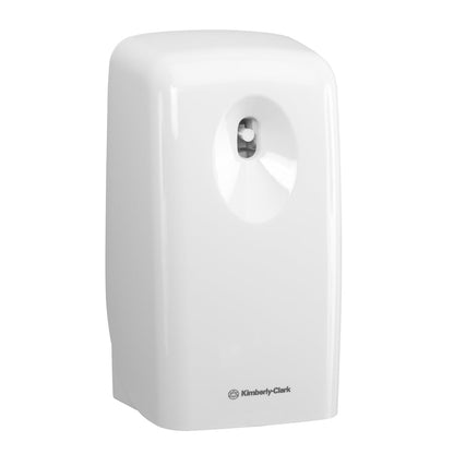 Um dispensador automático de ambientador branco da Kimberly-Clark com um bico frontal, que oferece frescor duradouro e é compatível com a recarga Kleenex® Duft Joy (Transparente, 300 ml - 6 cartuchos | caixa).