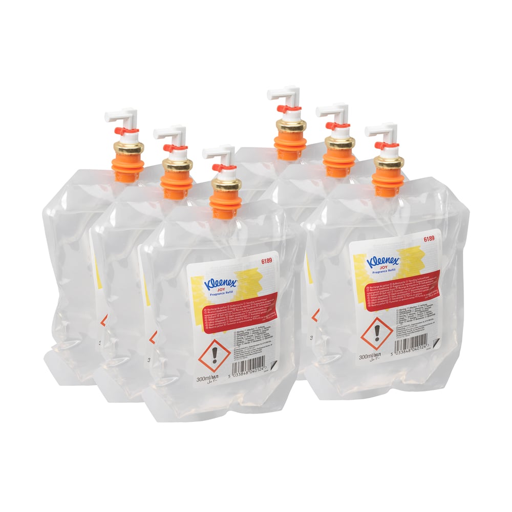 Seis recargas transparentes de 300 ml Kleenex® Duft Joy da Kimberly-Clark GmbH em um cartucho de 6 unidades com bico laranja e branco, rotuladas para o banheiro e com símbolos de aviso.