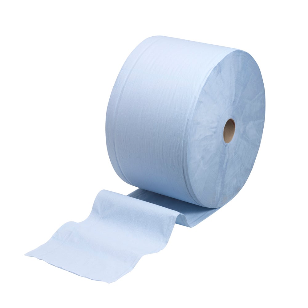 O rolo grande WypAll® L30 ilustrado em azul da Kimberly-Clark GmbH com 750 folhas é ideal para tarefas de limpeza industrial e convence pela sua alta capacidade de absorção - apresentado em fundo branco.
