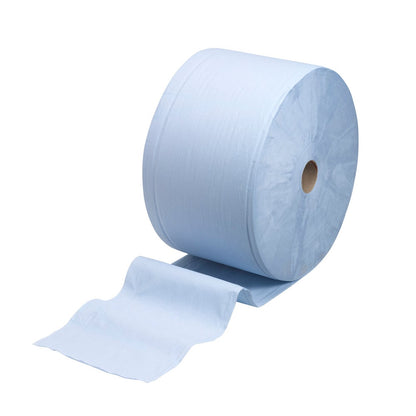 O rolo grande WypAll® L30 ilustrado em azul da Kimberly-Clark GmbH com 750 folhas é ideal para tarefas de limpeza industrial e convence pela sua alta capacidade de absorção - apresentado em fundo branco.