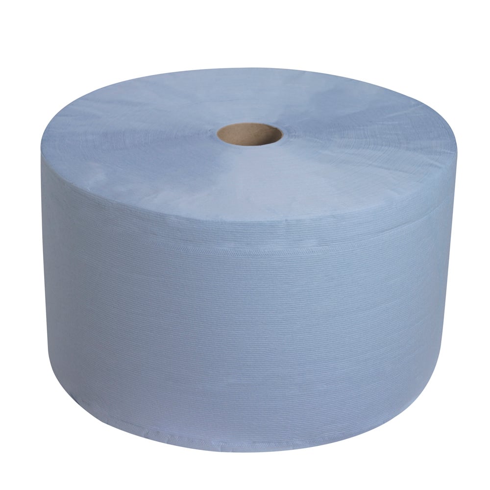 O rolo grande WypAll® L30 da Kimberly-Clark GmbH em azul com 750 toalhas é ideal para tarefas de limpeza industrial, pois é especialmente absorvente. Apresentado em fundo branco.