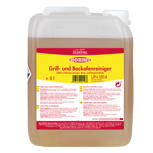Der 5L Dr. Schnell HORNIT Grill- und Backofenreiniger von DR.SCHNELL GmbH & Co. KGaA kommt in einem durchsichtigen Kanister mit weißem Deckel und gelb-rotem Etikett daher - ideal für die kraftvolle Küchenhygiene.