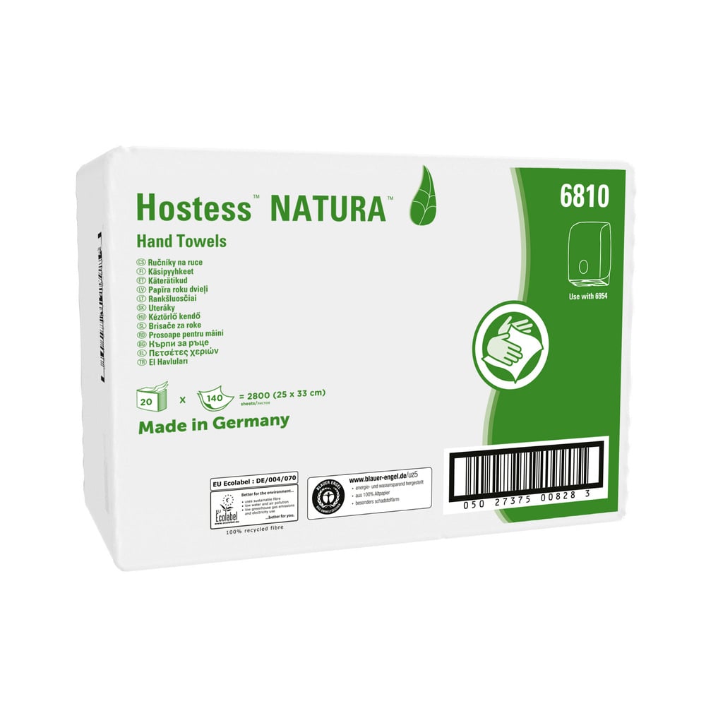 Uma caixa retangular branca de toalhas de mão Kimberly-Clark Hostess™ NATURA™ C-dobra (branco, M), com texto e gráfico verde, contém 20 pacotes com 140 folhas cada por caixa. Feito na Alemanha, detalhes e certificações estão indicados na embalagem.