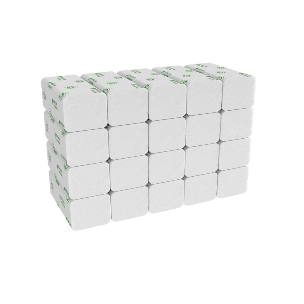 Uma pilha de 24 rolos de papel higiénico branco, ideal para combinar com toalhas de mão Hostess™ NATURA™ da Kimberly-Clark GmbH - C-dobra, Branco, M (20 clipes x 140 folhas) para uma solução completa de higiene.