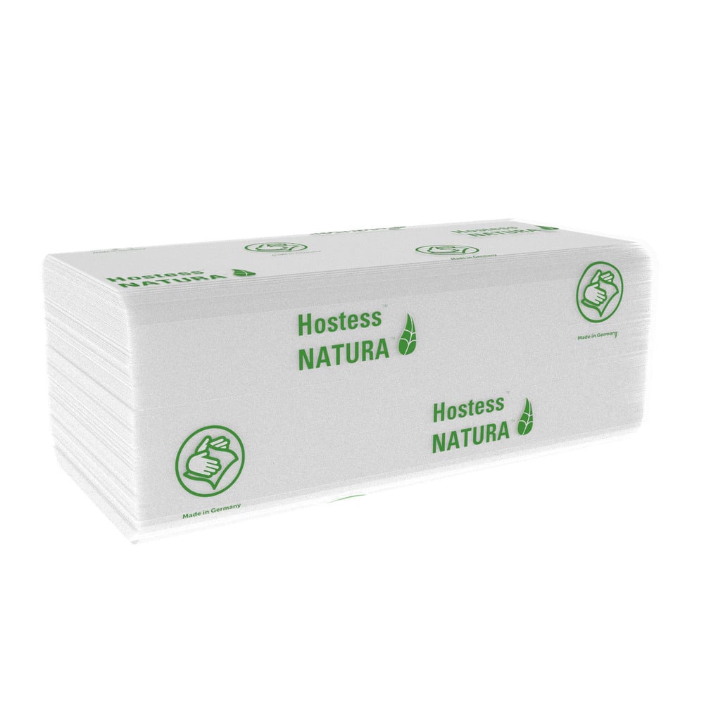 Uma pilha de toalhas de mão dobradas brancas Hostess™ NATURA™ C-dobra da Kimberly-Clark GmbH com gráfico de folha verde, símbolo de polegar para cima, texto "Made in Germany" e marca ecológica. 20 x 140 folhas por caixa.