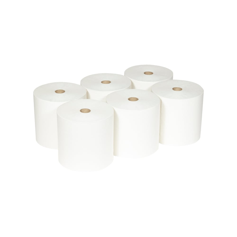 Six Scott® ESSENTIAL™ Rolos de Toalhas da Kimberly-Clark GmbH (branco, 6 rolos/caixa) estão dispostos em duas filas de três sobre um fundo branco; cada rolo mostra um núcleo de papelão visível.