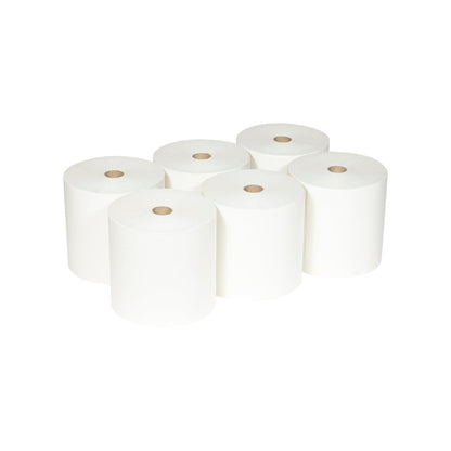 Six Scott® ESSENTIAL™ Rolos de Toalhas da Kimberly-Clark GmbH (branco, 6 rolos/caixa) estão dispostos em duas filas de três sobre um fundo branco; cada rolo mostra um núcleo de papelão visível.