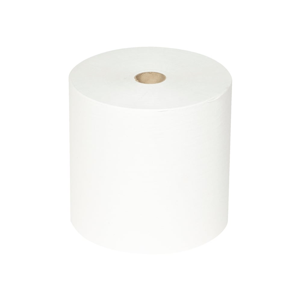 Um único grande rolo de Toalhas Scott® ESSENTIAL™ da Kimberly-Clark GmbH, núcleo de papelão visível, de pé sobre um fundo branco sólido; da embalagem 6 rolos x 1 folha | caixa (6 rolos).
