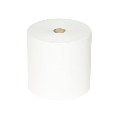 Um único grande rolo de Toalhas Scott® ESSENTIAL™ da Kimberly-Clark GmbH, núcleo de papelão visível, de pé sobre um fundo branco sólido; da embalagem 6 rolos x 1 folha | caixa (6 rolos).