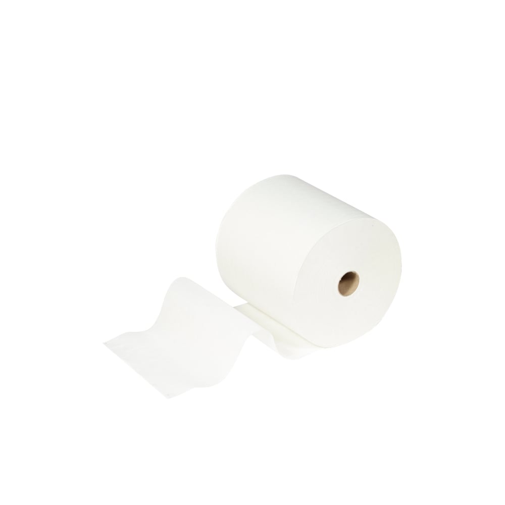 Um rolo de Toalhas Scott® ESSENTIAL™ da Kimberly-Clark GmbH, parte de um conjunto de 6 rolos brancos, é mostrado contra um fundo sólido, com uma folha parcialmente desenrolada e saindo para fora.