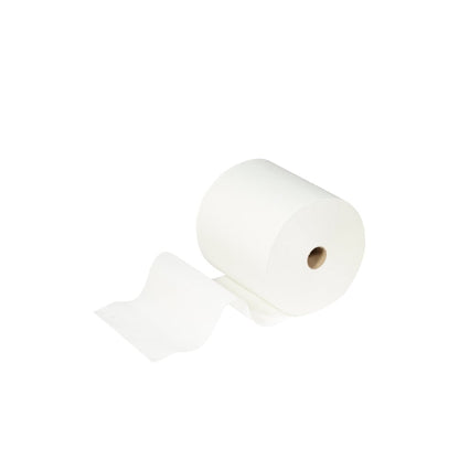 Um rolo de Toalhas Scott® ESSENTIAL™ da Kimberly-Clark GmbH, parte de um conjunto de 6 rolos brancos, é mostrado contra um fundo sólido, com uma folha parcialmente desenrolada e saindo para fora.