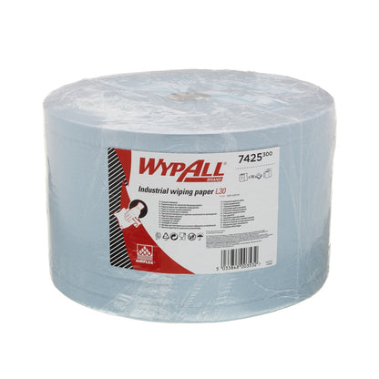 O rolo grande de toalhas de papel WypAll® L30 da Kimberly-Clark GmbH em azul (1 rolo x 750 folhas) é ideal para tarefas de limpeza industrial devido à sua alta capacidade de absorção e é entregue em filme transparente com etiqueta.