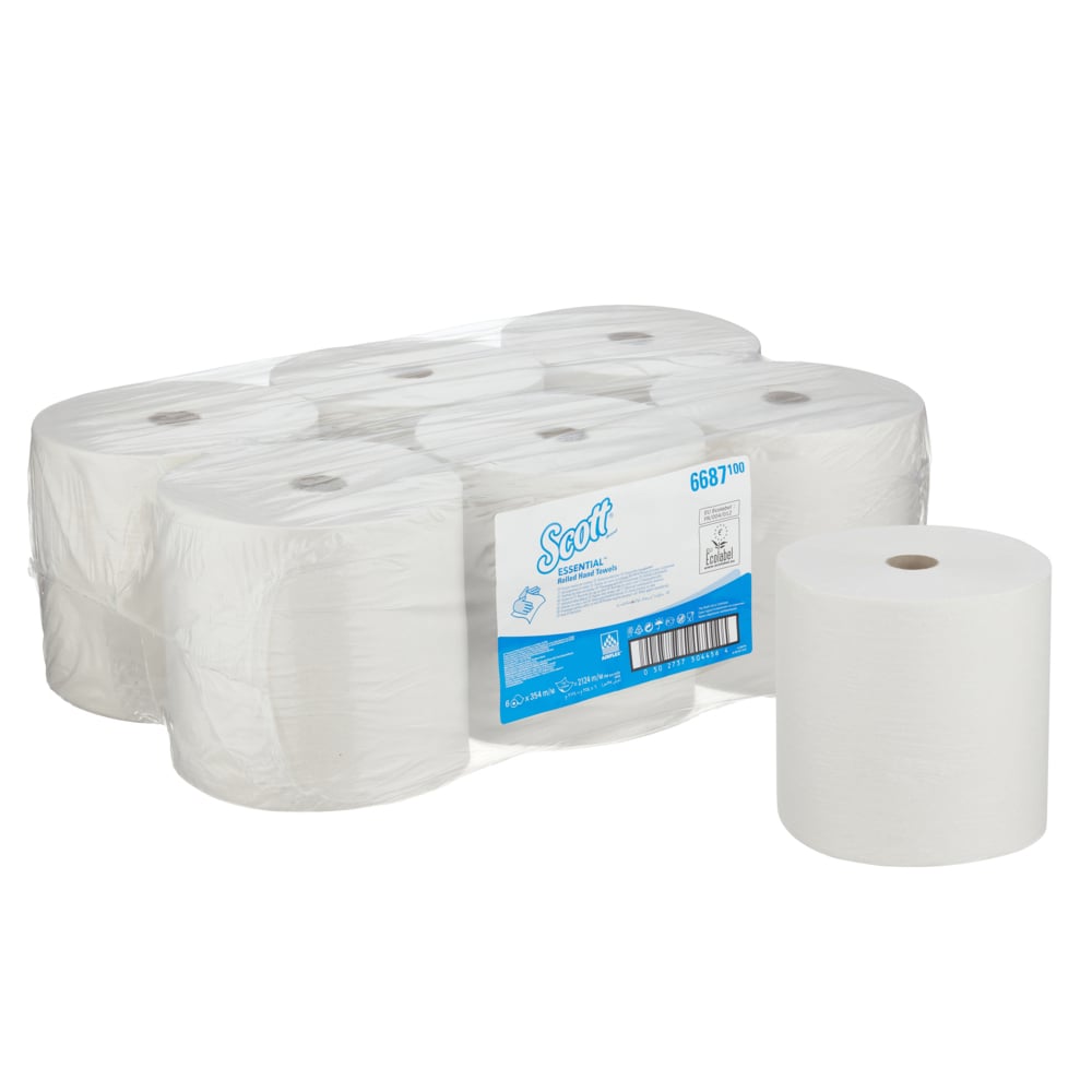 Six Scott® ESSENTIAL™ Toalhas de Mão - Rolo de Toalhas de Papel Branco (6 x 1 folha) da Kimberly-Clark GmbH são embaladas em plástico. O rótulo mostra a marca e detalhes em azul e branco, destacando as toalhas higiênicas.