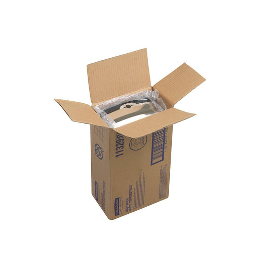 Ein Karton mit offener Oberseite enthält eine Kimberly-Clark Professional™ Elektronischer Hautpflegespender, berührungslose Abgabe, 1,2 Ltr verchromt Kassette (Kimberly-Clark GmbH), die teilweise in Luftpolsterfolie eingewickelt ist; Barcodes und Text sind auf den Kartonseiten aufgedruckt.