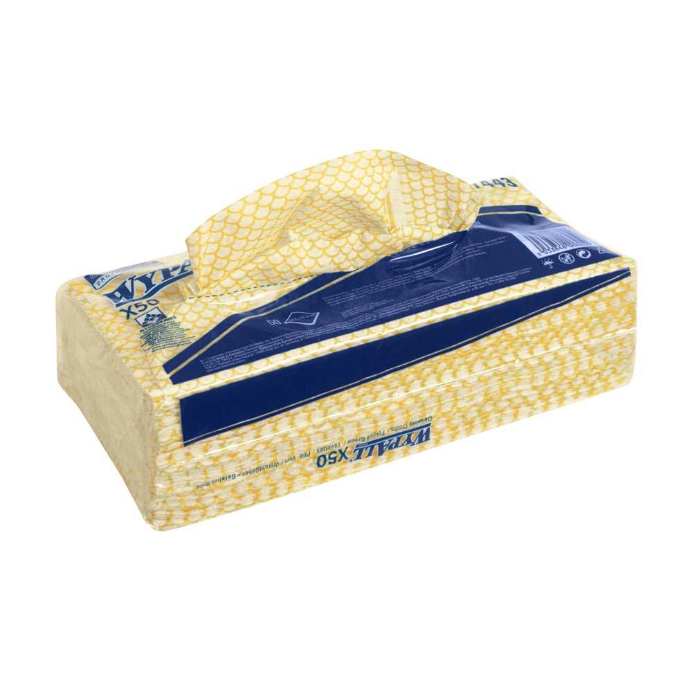 Uma embalagem retangular amarela e branca da Kimberly-Clark GmbH com uma alça contém panos de limpeza WypAll® X50 dobrados (41,80 x 24,70 cm). A embalagem azul está rotulada com um código de barras na lateral e é projetada para fácil distribuição de toalhas.