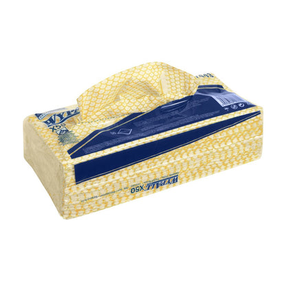 Uma embalagem retangular amarela e branca da Kimberly-Clark GmbH com uma alça contém panos de limpeza WypAll® X50 dobrados (41,80 x 24,70 cm). A embalagem azul está rotulada com um código de barras na lateral e é projetada para fácil distribuição de toalhas.
