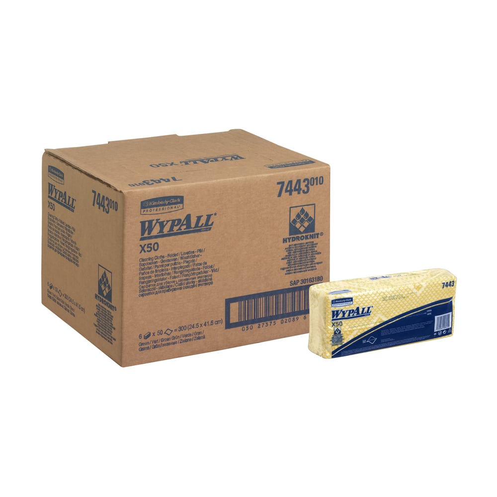 Uma caixa com a inscrição WypAll® X50 panos de limpeza - Interfold (41,80 cm x 24,70 cm) da Kimberly-Clark GmbH está ao lado de uma pilha de panos de limpeza WypAll® X50 amarelos dobrados, ambos com informações de marca e artigo.