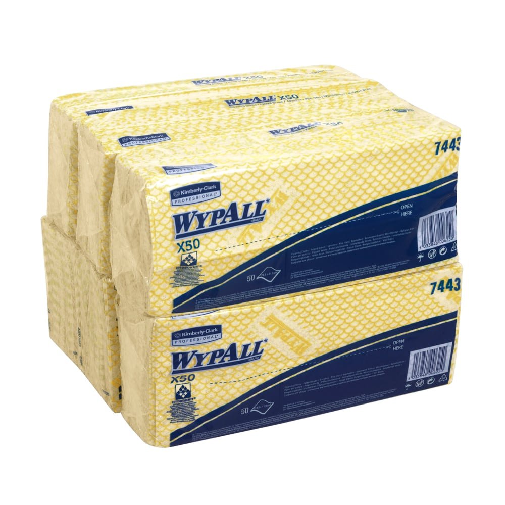 Duas embalagens de panos de limpeza WypAll® X50 da Kimberly-Clark GmbH - Interfold (cada uma com 50 panos, 41,80 x 24,70 cm) estão empilhadas; a embalagem mostra claramente informações de marca e produto.