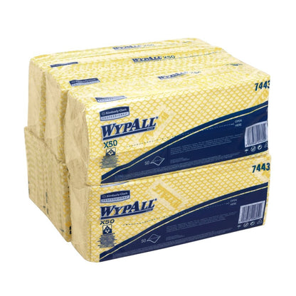 Duas embalagens de panos de limpeza WypAll® X50 da Kimberly-Clark GmbH - Interfold (cada uma com 50 panos, 41,80 x 24,70 cm) estão empilhadas; a embalagem mostra claramente informações de marca e produto.