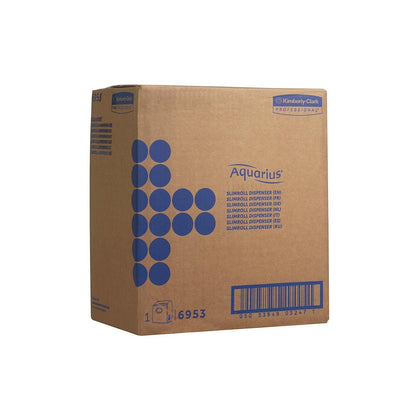 Uma caixa branca com a inscrição "Aquarius™ Slimroll™ Dispensador de Toalhas de Papel em Rolo" da Kimberly-Clark GmbH mostra um padrão de pontos azuis, informações do dispensador em azul, um código de barras e o logotipo Kimberly-Clark Professional no canto superior direito.