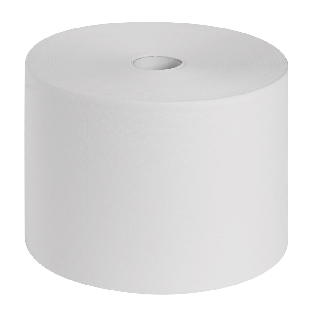 Os rolos de papel médico Scott® ESSENTIAL™ da Kimberly-Clark GmbH, 6 rolos x 200 folhas, em branco, estão em pé, com o núcleo de papelão visível no meio - perfeito para a higiene na área médica diante de um fundo branco simples.
