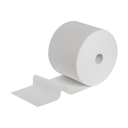 Um rolo de papel médico Scott® ESSENTIAL™ da Kimberly-Clark GmbH é mostrado em branco, parcialmente desenrolado e deitado plano. Cada embalagem contém 6 rolos com 200 folhas por rolo, ideal para uso higiênico em estabelecimentos médicos.