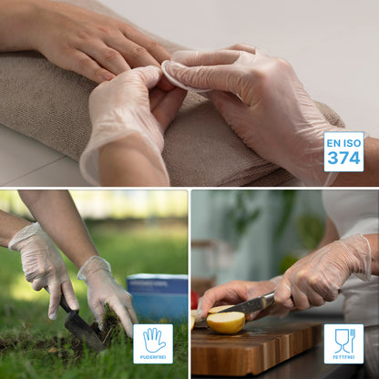 Uma colagem mostra mãos enluvadas em manicure, jardinagem e cortando uma batata. Ícones indicam que as luvas descartáveis sensíveis ao toque ARNOMED VINYL PF da ARNOWA GmbH são certificadas de acordo com EN ISO 374, isentas de pó e resistentes a gorduras.