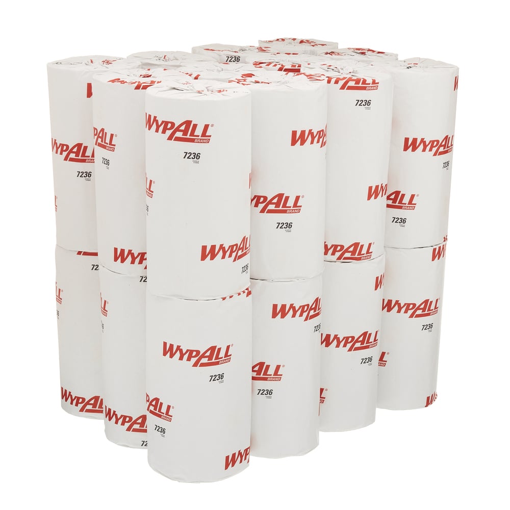 Eine Packung mit 18 WypAll® L10 Papierwischtuch Kleinrolle (1-lagig, 46 x 24 cm) von Kimberly-Clark GmbH, gekennzeichnet mit "WypAll 7236" in rot-ideal für Lebensmittel und Hygieneanwendungen.