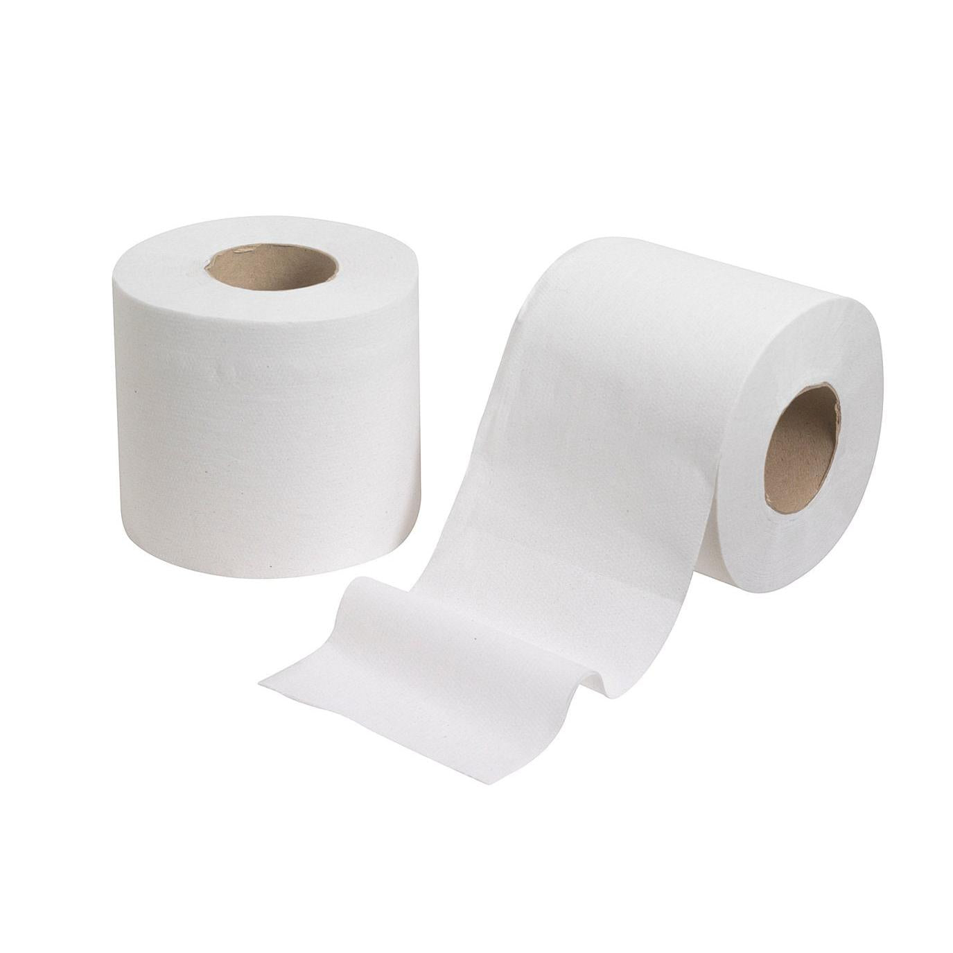 Zwei weiße Kleenex®-Toilettenpapierrollen (Kimberly-Clark GmbH) aus einer 24er-Packung sind ausgestellt - eine aufrecht, die andere liegend, wobei einige der 200 Blätter abgerollt sind und nach vorne herausragen.