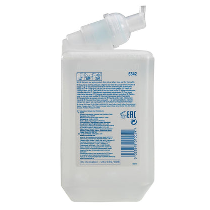 O espuma de limpeza para mãos Scott® Control™ da Kimberly-Clark GmbH (cassete de 1L, transparente) mostra rótulo branco/azul com instruções, ícones, código de barras e certificados. Ideal para uso frequente; com tampa de bico e função de suporte. 6 cartuchos/caixa.