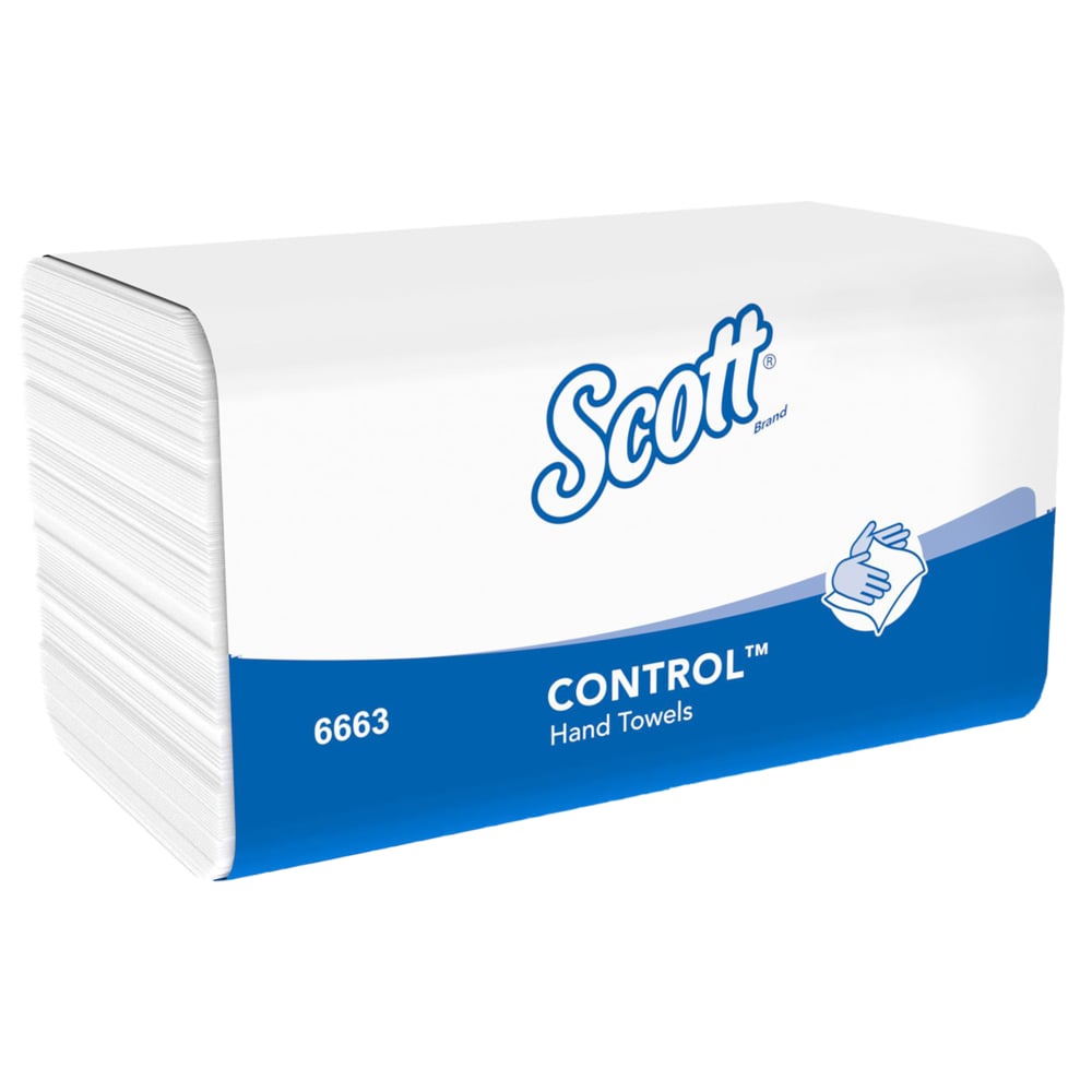 Eine Packung Scott® CONTROL™ Falthandtücher - Weiß (15 Clips x 212 Blatt) von Kimberly-Clark GmbH ist in einer überwiegend weißen Verpackung mit blauem Boden abgebildet, die hygienische Handtrocknung mit saugfähigem Papier hervorhebt.