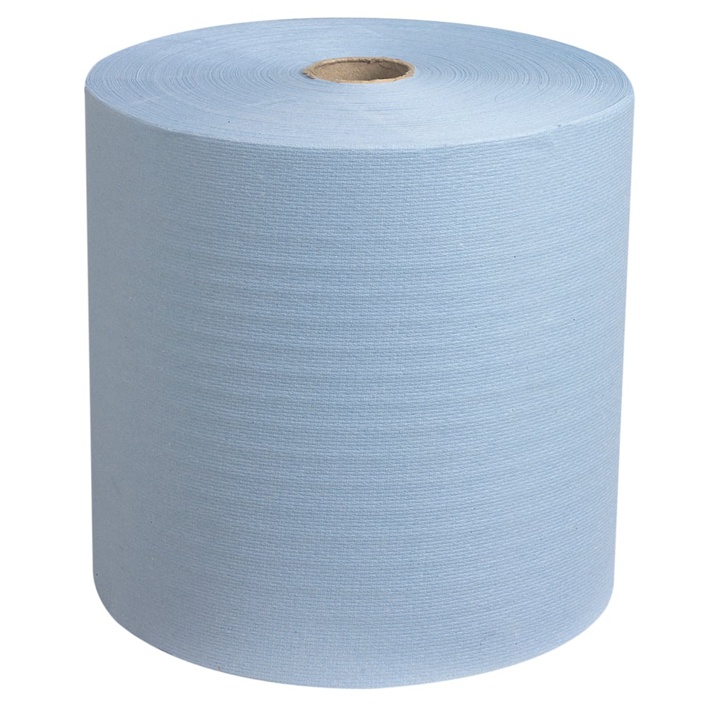 Um grande rolo de toalhas de mão Scott® - rolo (304,00 m x 19,80 cm) da Kimberly-Clark GmbH com núcleo de papelão está em pé sobre um fundo branco, oferecendo uma solução prática e sustentável de toalhas para o local de trabalho.