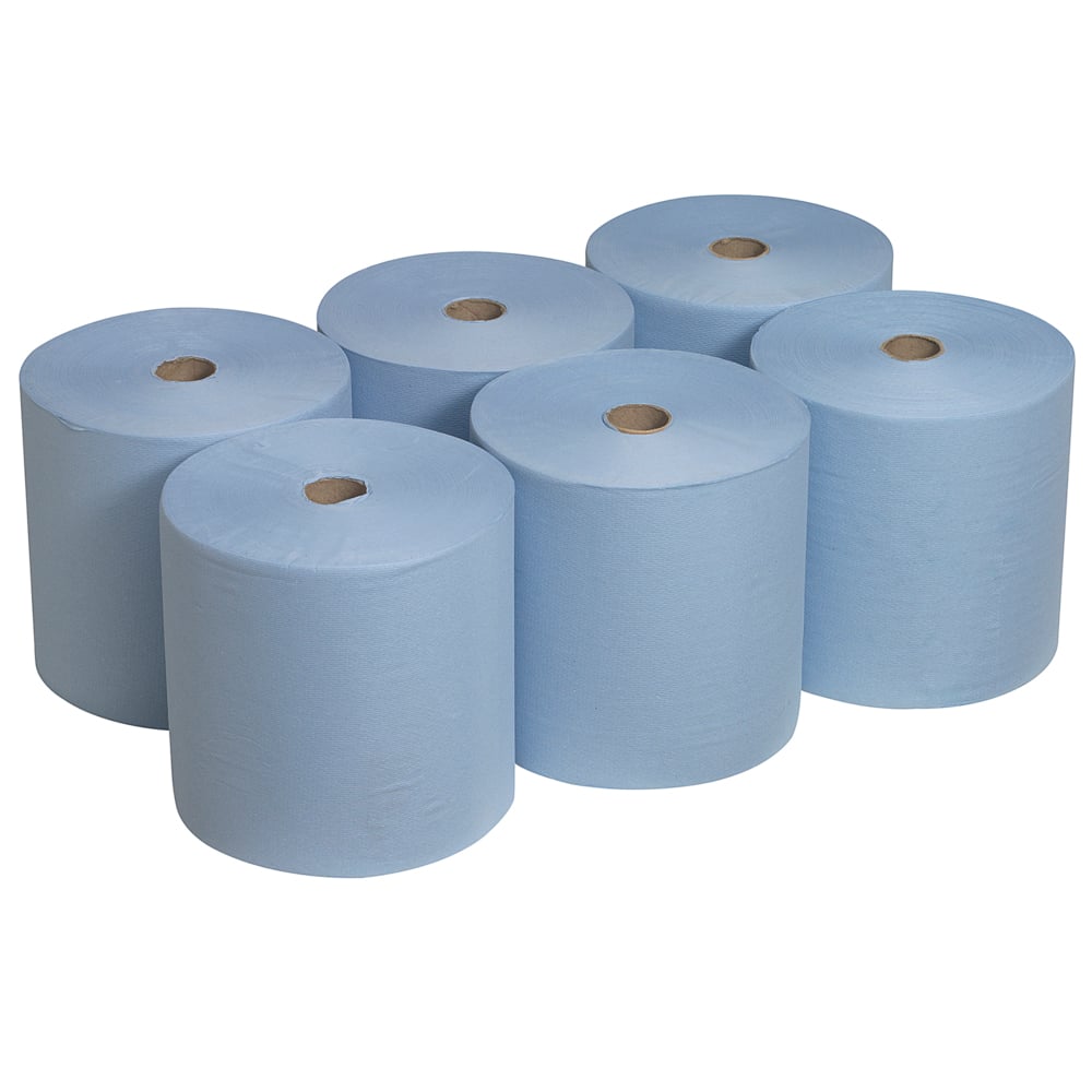 Seis rolos de toalhas de mão Scott® da Kimberly-Clark GmbH (304,00 m x 19,80 cm) estão dispostos em duas fileiras de três sobre um fundo branco sólido; cada rolo é azul claro e possui um núcleo de papelão.