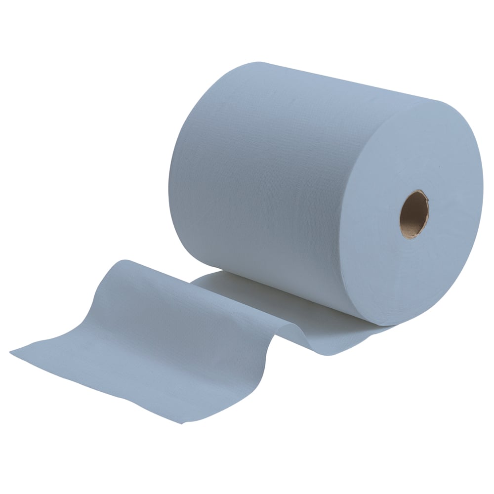 Um rolo de toalhas de papel Scott® (304,00 m x 19,80 cm) da Kimberly-Clark GmbH em azul claro está parcialmente desenrolado sobre um fundo branco.