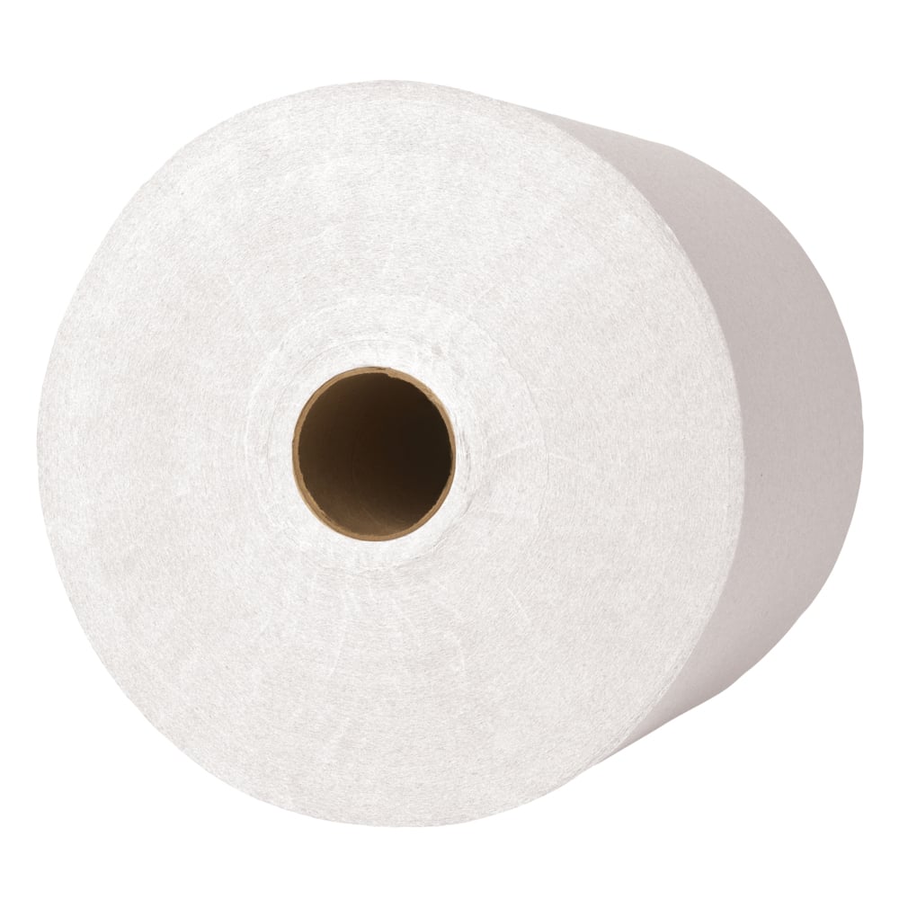 O rolo de toalhas de mão Scott® (304,00 m x 19,80 cm) da Kimberly-Clark GmbH é um grande rolo de toalha industrial branca com núcleo de papelão marrom, mostrado de cima sobre um fundo branco simples.