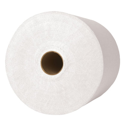 O rolo de toalhas de mão Scott® (304,00 m x 19,80 cm) da Kimberly-Clark GmbH é um grande rolo de toalha industrial branca com núcleo de papelão marrom, mostrado de cima sobre um fundo branco simples.