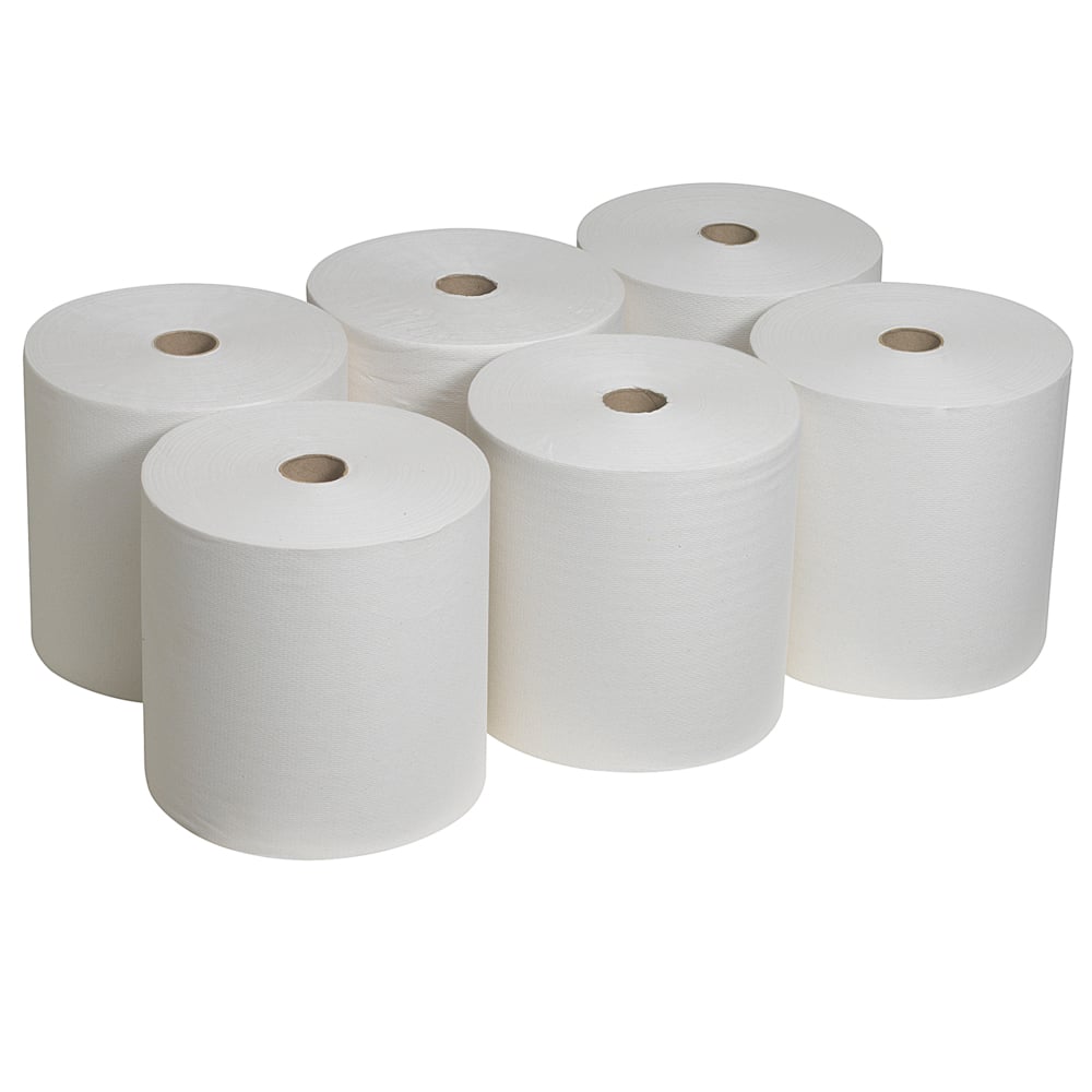 Seis grandes rolos de toalhas de mão Scott® (304 m x 19,8 cm) da Kimberly-Clark GmbH estão dispostos em duas fileiras sobre um fundo simples; cada rolo sustentável exibe um núcleo de papelão marrom.